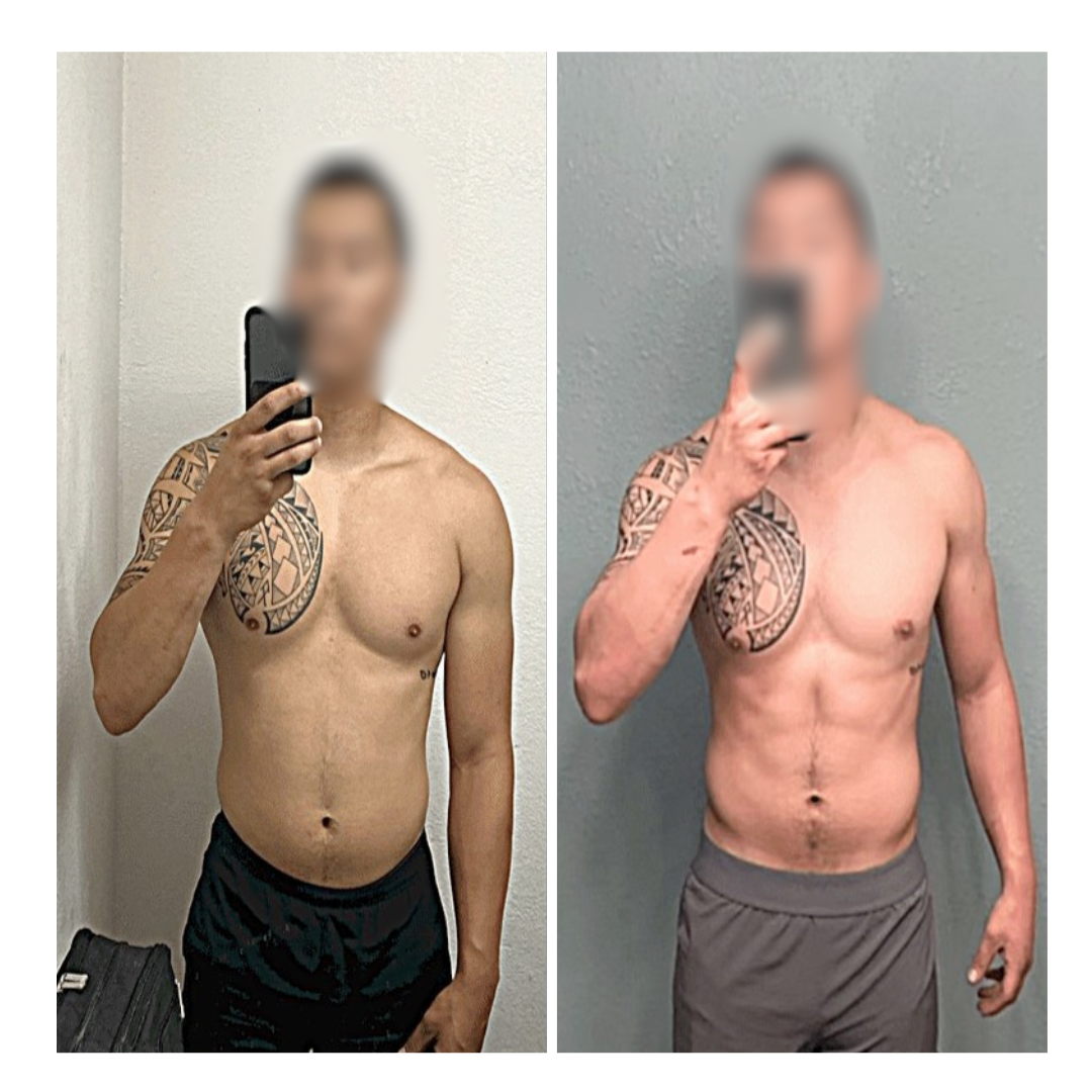 Gym Truck Chico client before and after transformation — an athletic man shows visibly more muscle definition, a tighter midsection, and stronger shoulders after personalized personal training and fat-burning workouts in Chico, CA.