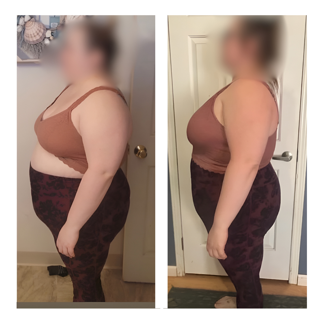 Gym Truck Chico client side-profile before and after transformation — noticeable body slimming and posture improvement after just two months of personalized personal training, nutrition coaching, and daily accountability in Chico, CA.