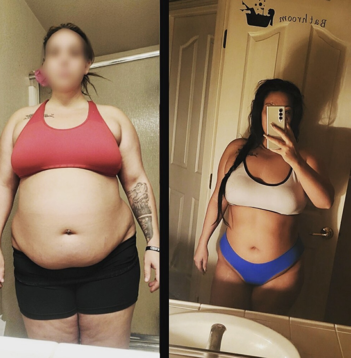 Dramatic Gym Truck Chico client weight-loss transformation — side-by-side before and after showing a woman's complete body recomposition after consistent personal training, nutrition coaching, and accountability in Chico, CA.