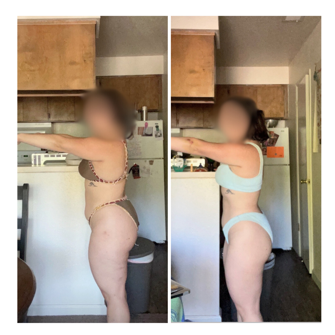 Gym Truck Chico client weight-loss and fat-burning transformation — side-profile before and after showing a woman with increased definition, visibly slimmer waist, hips, and thighs, and a more toned silhouette after personalized personal training, custom nutrition coaching, and daily accountability in Chico, CA.
