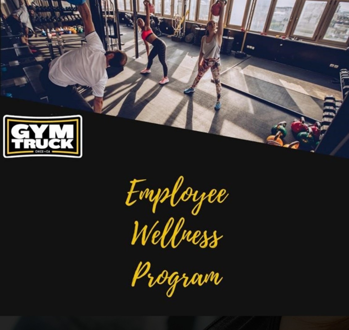 Three employees perform a dynamic kettlebell workout in a bright modern worksite gym with the Gym Truck Chico logo and Employee Wellness Program text, representing private, fully customized corporate fitness sessions designed for Chico, CA workplaces.
