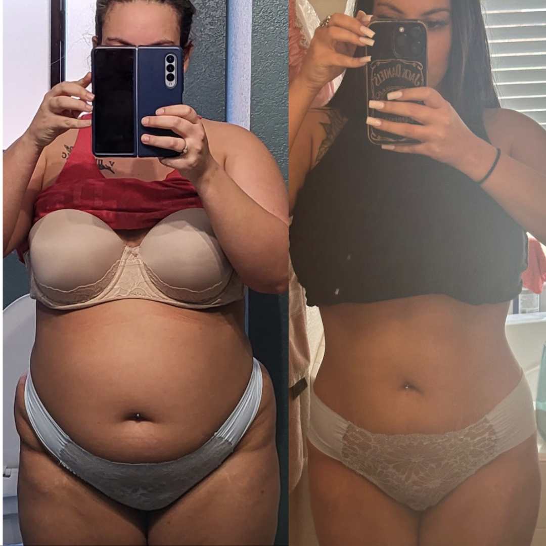 A side-by-side before and after photo showing a woman's dramatic weight loss and body transformation through fat-burning personal training with Gym Truck Chico in Chico, CA.