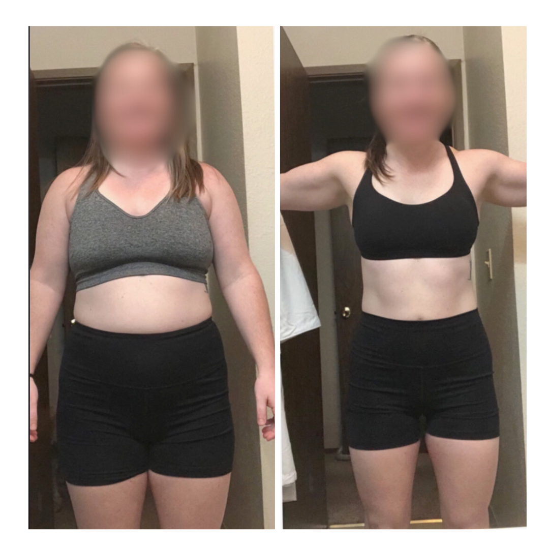 Gym Truck Chico client weight-loss transformation — front-view before and after showing a woman with a noticeably slimmer waist, firmer midsection, and more defined arms after personalized fat-burning personal training, nutrition coaching, and daily accountability in Chico, CA.