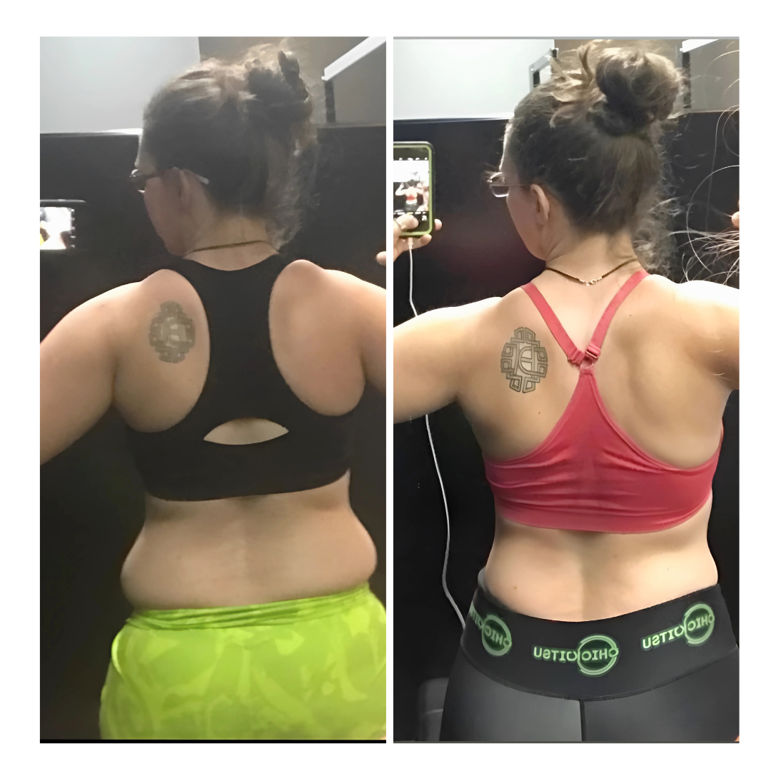 Gym Truck Chico client weight-loss transformation — back-view before and after showing a woman with a visibly smaller waist, reduced back rolls, and more defined shoulders and upper back after personalized fat-burning personal training and nutrition coaching in Chico, CA.