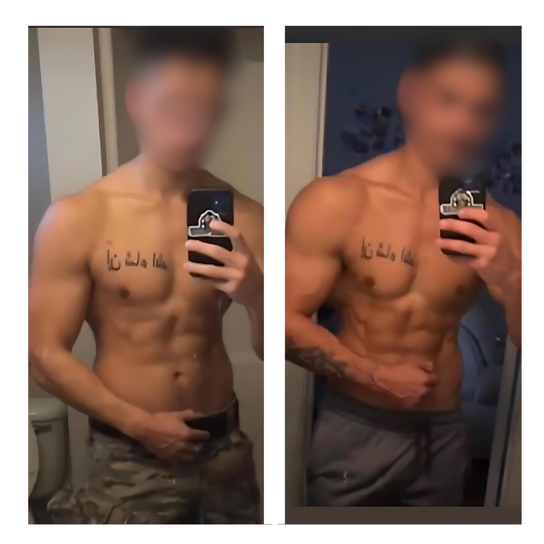Gym Truck Chico client muscle-building transformation — side-by-side before and after showing a man with noticeably more defined shoulders, arms, and abs after a personalized hypertrophy and strength training program in Chico, CA.